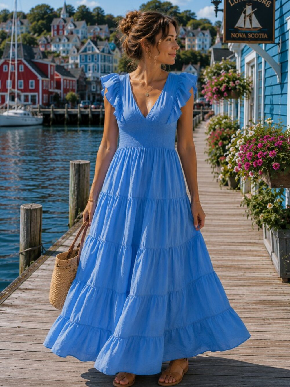 Heartloom Anthropologie Sky Blue Smocked Ruffle Tiered Coastal Maxi Dress L Boho